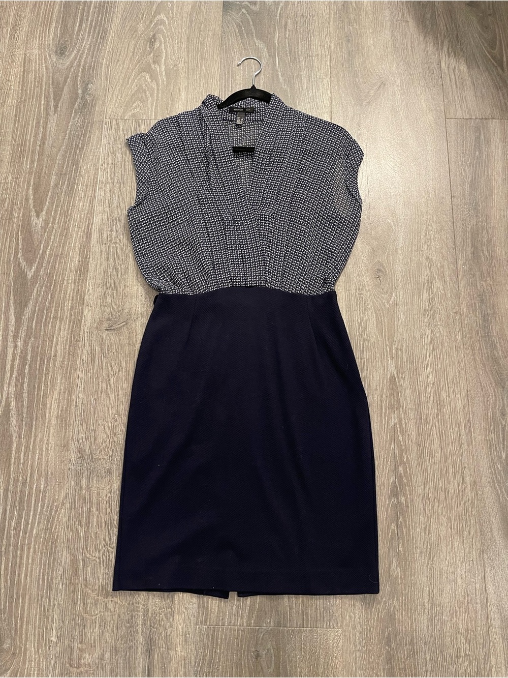 Mango Suit Cap-Sleeve Navy and White Patterned Sheath Dress